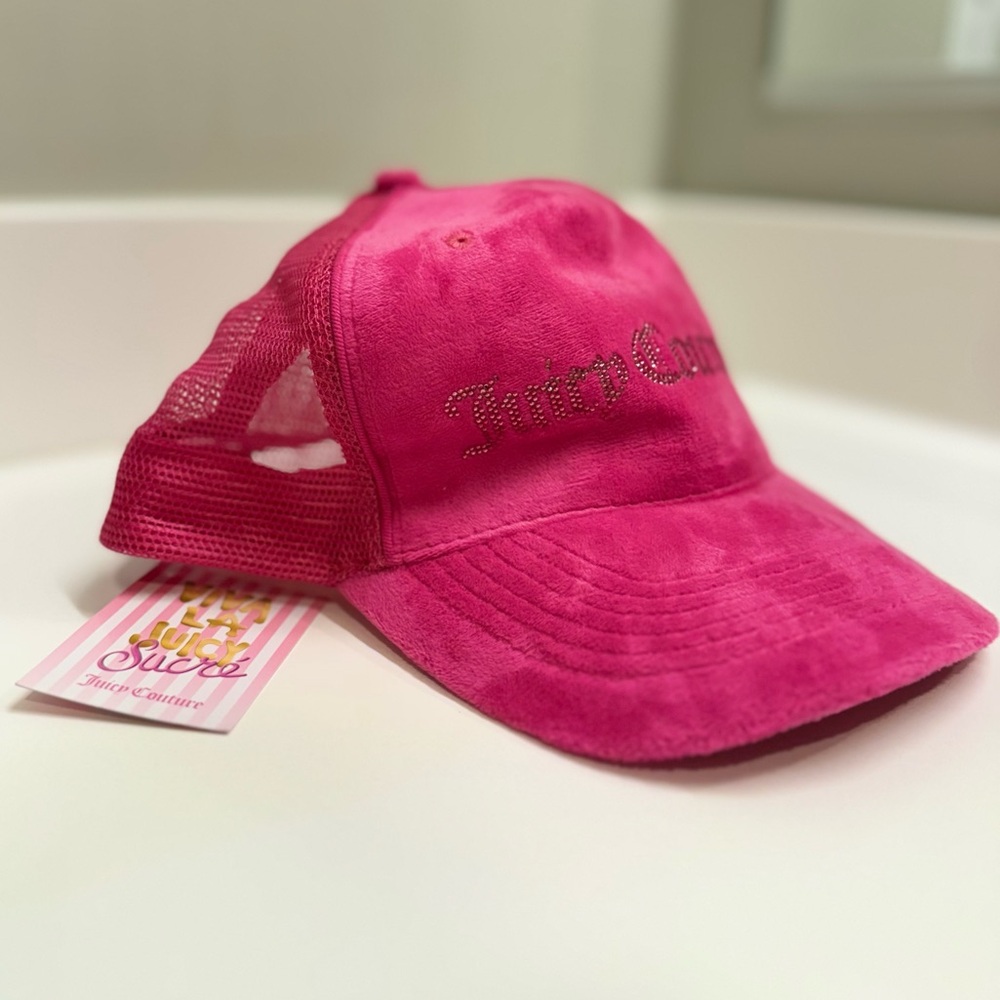 Juicy Couture Hat Hot Pink Trucker Mesh Cap Velour‎ Crystals Adjustable Y2K